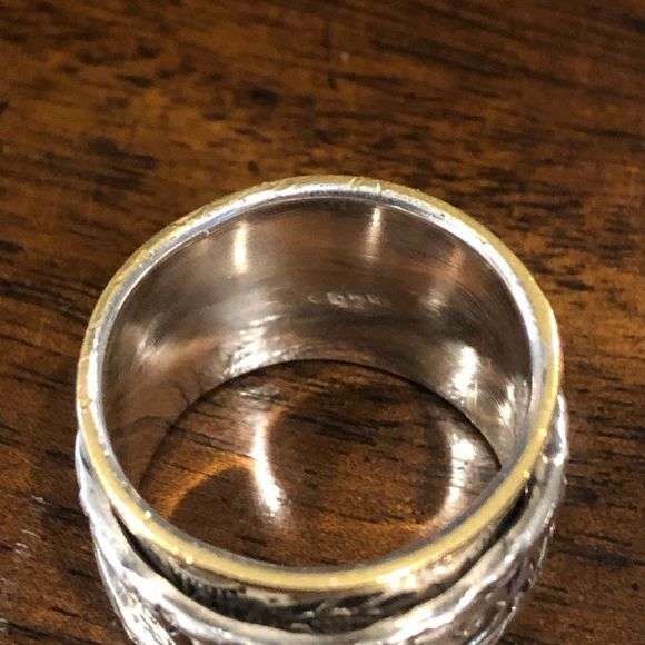 Bicolor Two Tone Engraved Sterling Silver Spinner Ring 7-1/4 - Picture 4 of 6